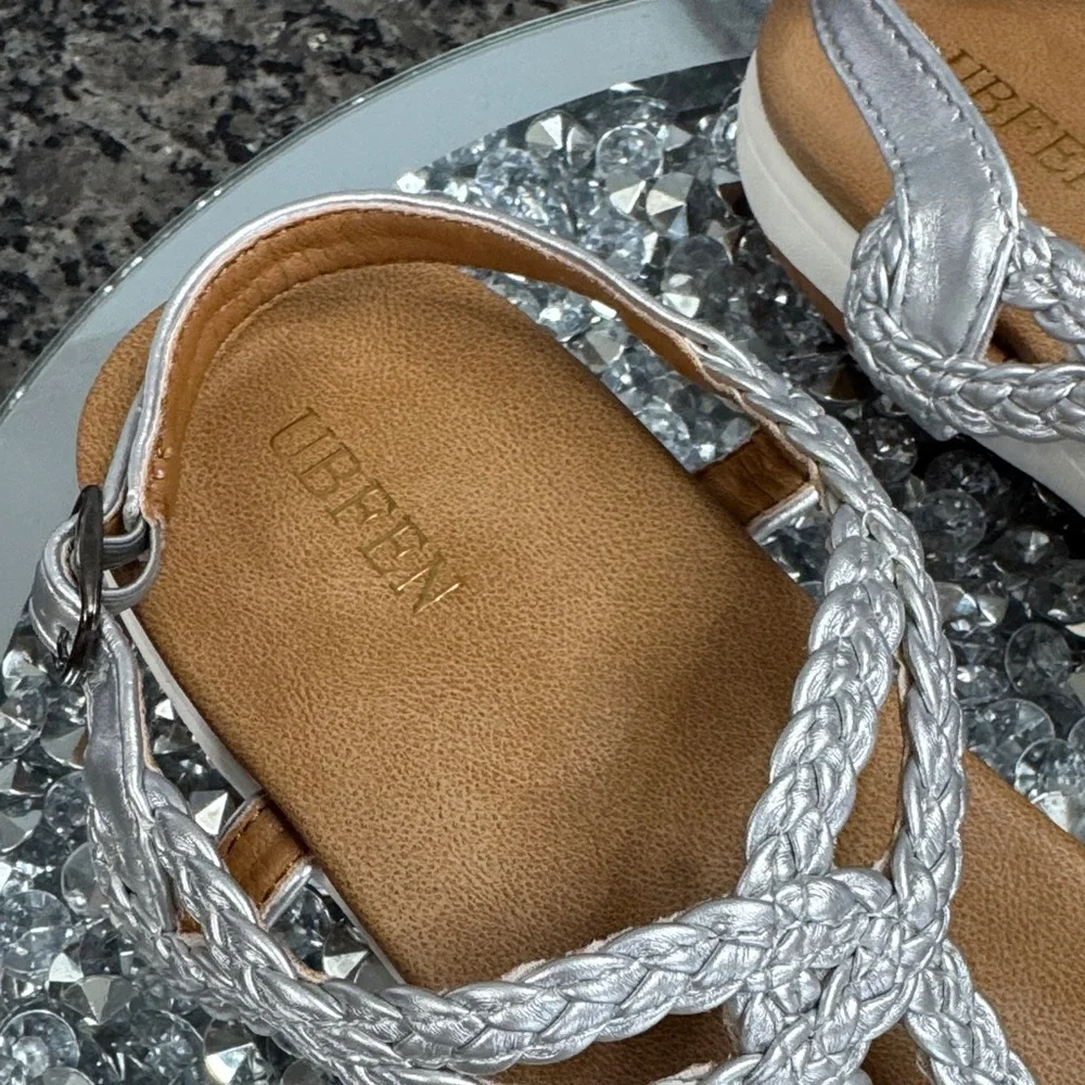 UBFEN metallic silver and Tan Braided Sandals NEW 10